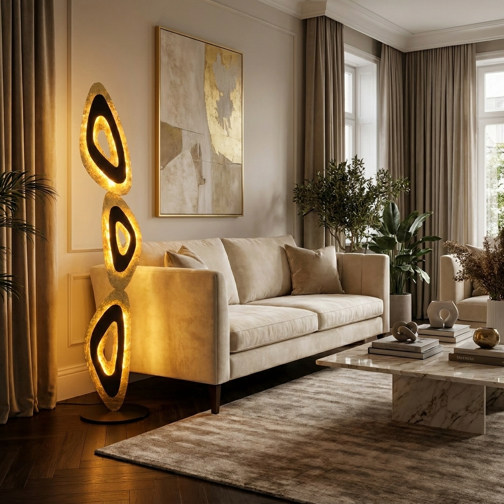 Nevis Floor Lamp glowing in a lifestyle scene
