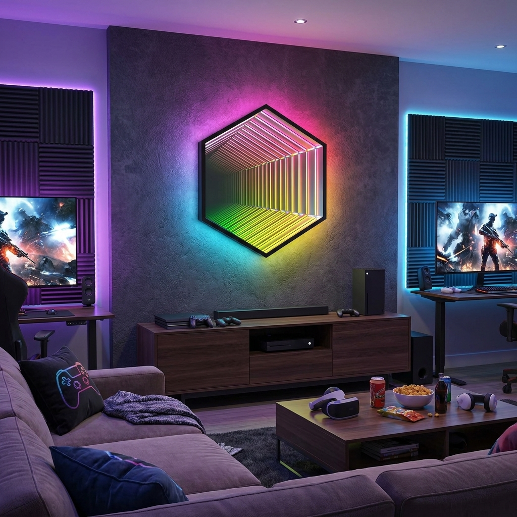 Hexagon Infinity Mirror glowing in a lifestyle scene