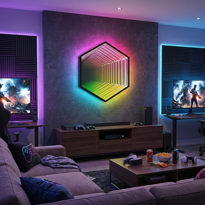 Hexagon Infinity Mirror glowing in a lifestyle scene