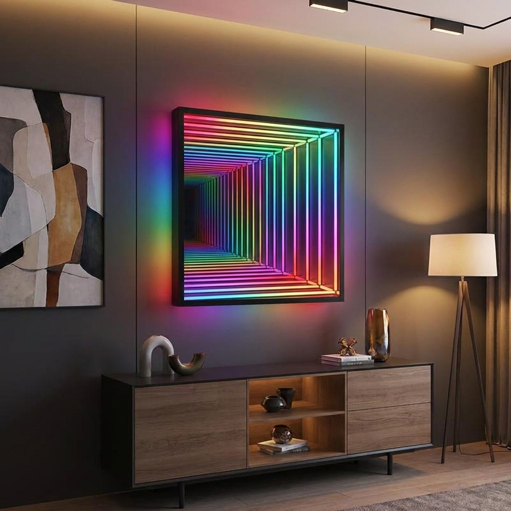 Square Infinity Mirror glowing in a lifestyle scene