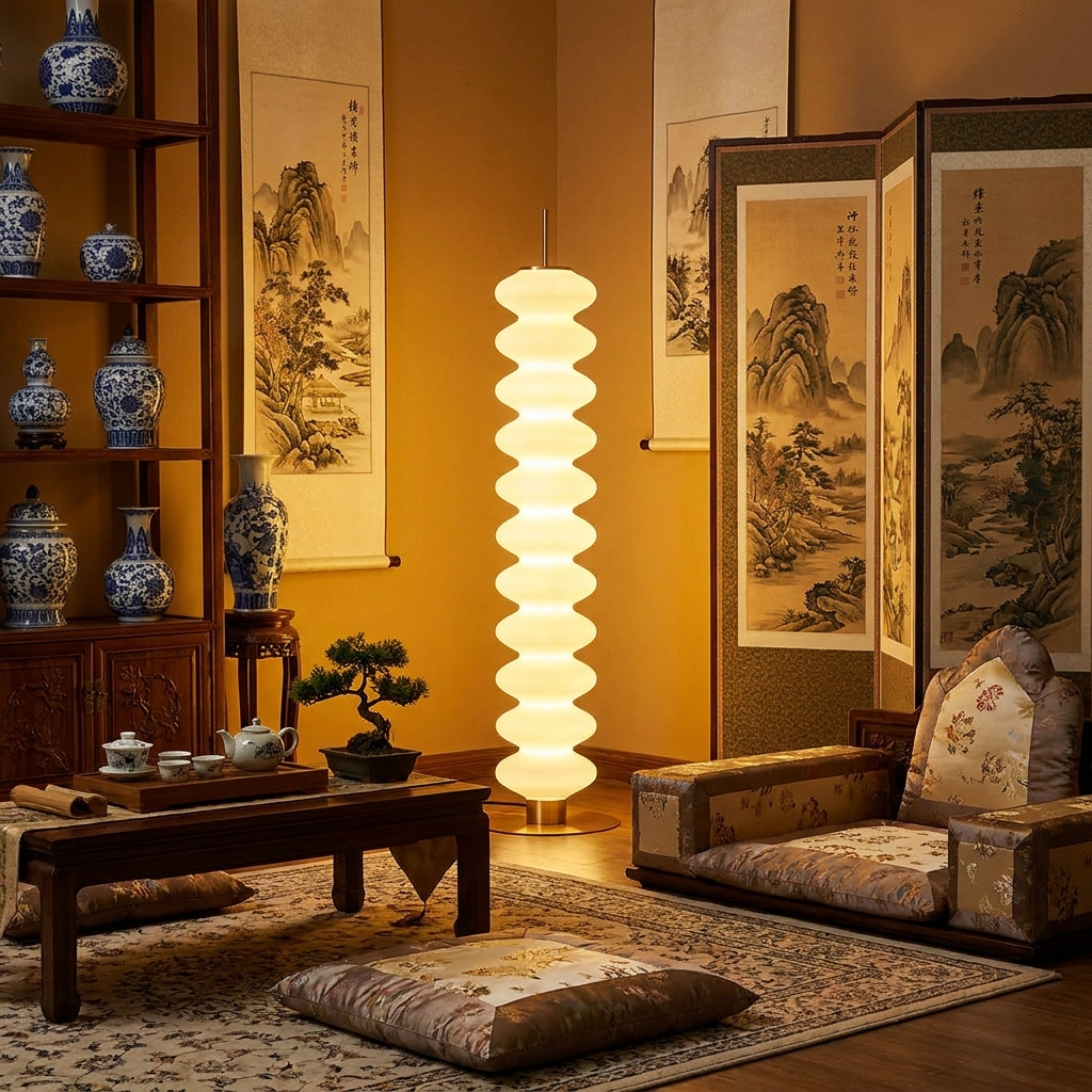 Pagoda Floor Lamp glowing in a lifestyle scene