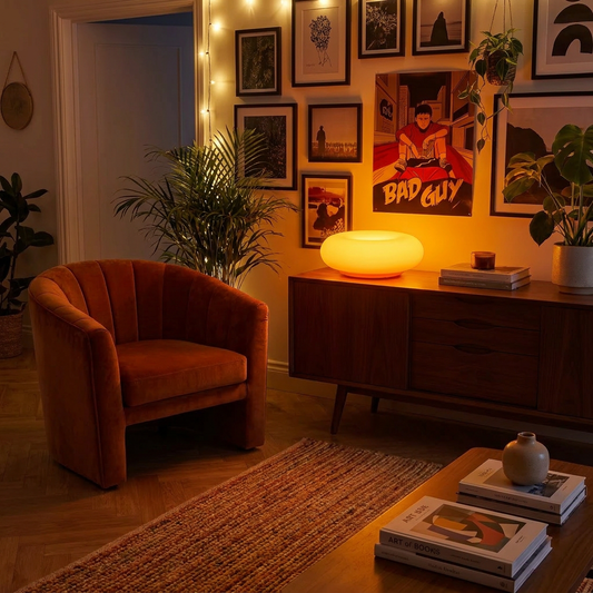 Amber Orbit Lamp glowing in a lifestyle scene